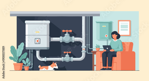 Cozy room with dog, plants, and woman using tablet near water heater