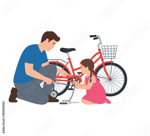 Man teaching girl to fix red bicycle chain together
