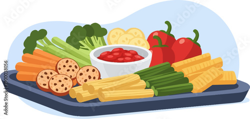 Colorful platter of raw vegetables, crackers, and dip arranged appealingly