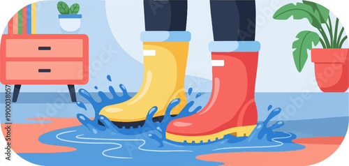 Colorful rain boots splashing in puddles indoors with plants and furniture