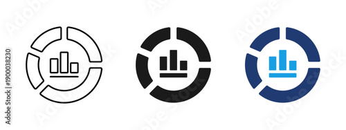 Statistics and analytics icon with bar chart inside circular diagram. Symbol of data analysis, business reporting, performance metrics, dashboard, financial analytics and information presentation.