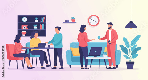 Diverse group collaborating in a modern, casual office space with laptops and coffee