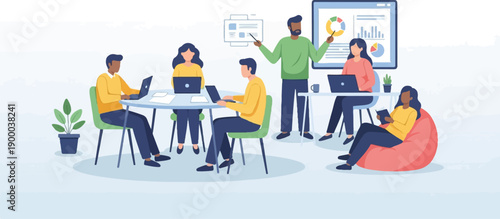 Diverse team collaborates on laptops and discusses charts on a screen