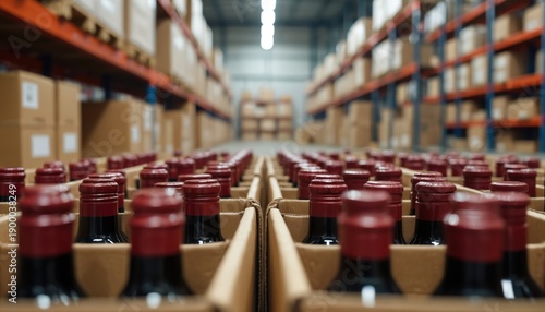 Rows of wine bottles packed in cardboard boxes are stored in a large warehouse. Products are ready for shipment and delivery to consumers. Logistic and distribution center.