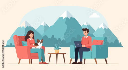 Cozy scene of a woman with dog and man with laptop, mountains backdrop