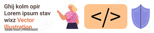 Programming, cybersecurity, coding classes, digital learning, data protection, web development. Woman pointing to HTML code symbol and shield graphic. Programming and cybersecurity concept