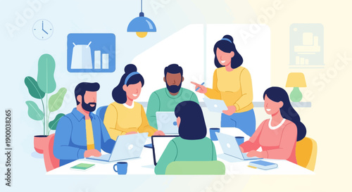 Diverse team collaborates on laptops around a table, discussing plans