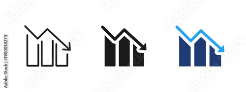 Decline chart icon with bar graph and downward arrow. Symbol of business loss, financial downturn, decreasing revenue, negative trend, market decline, performance drop and analytics visualization.