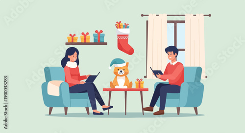 Cozy holiday scene with two people relaxing, a dog, and festive decor