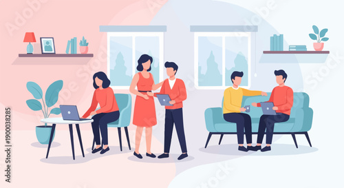 Diverse group collaborating in a modern, brightly lit office space