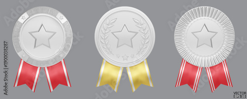 Set of 3D quality guarantees silver medals with star and ribbon. Silver badge warranty icon. Realistic graphics Certificate Badge, award badge, winner trophy prize. 3D vector illustration.