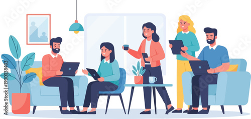 Diverse group collaborating and working remotely with technology