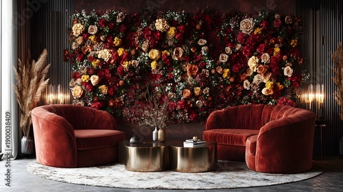 Lavish Floral Decor in Cozy Modern Living Room with Velvet Sofas