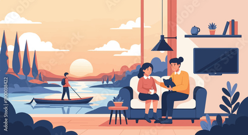 Cozy home interior meets serene sunset lake scene with boat