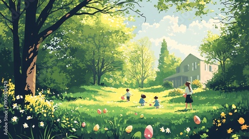 Lush Green Garden with Springtime Flowers and Quaint House in Serene Landscape