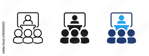 Online presentation icon with speaker and audience. Symbol of business meeting, webinar, conference, team communication, training, corporate presentation and remote collaboration in digital workspace.