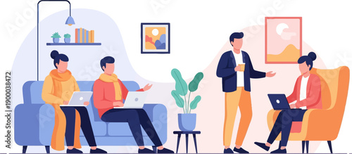 Diverse group collaborating and working on laptops in a modern, comfortable setting