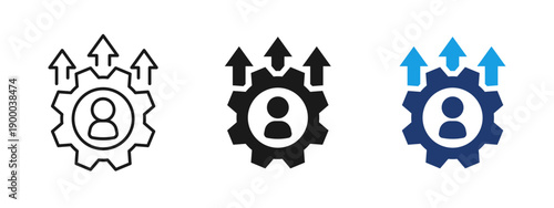 Employee performance icon with user profile, gear and upward arrows. Symbol of workforce development, productivity growth, HR management, team optimization, business efficiency and performance.