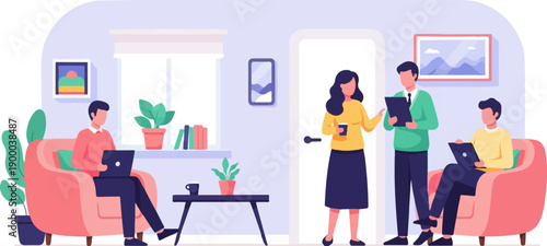 Diverse group collaborating and working on laptops in a cozy, modern office space