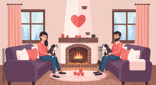 Cozy scene of couple with dogs by fireplace on winter day