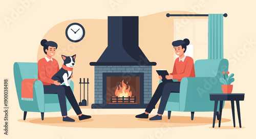 Cozy scene of people and dog by fireplace