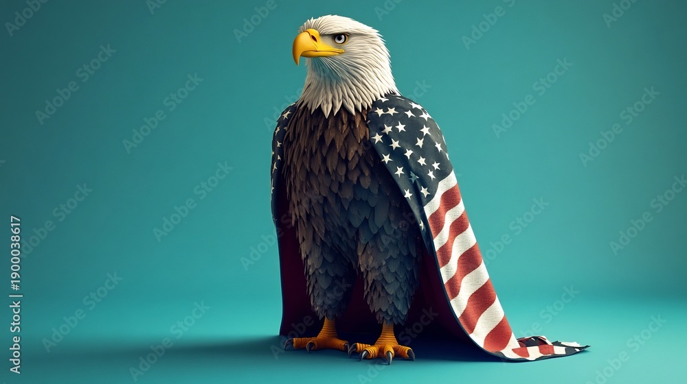 Naklejka premium Majestic Bald Eagle with American Flag Backdrop