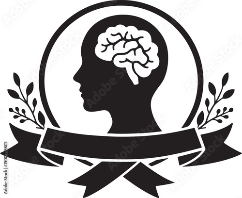 A black silhouette of a human head containing a brain illustration
