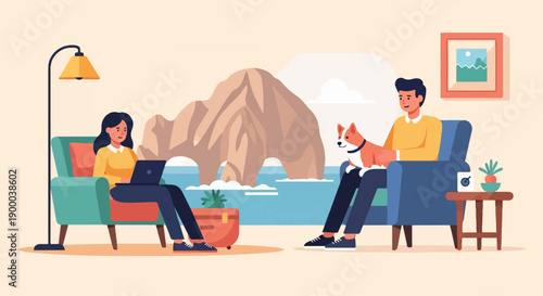 Couple relaxing indoors with a dog, enjoying a coastal view and using a laptop