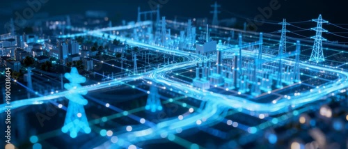 Futuristic Urban Energy Grid with Glowing Power Lines and Towers Connecting City Infrastructure and Industrial Zones