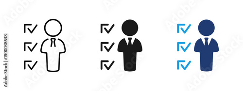 Approved candidate icon with check marks and person silhouette. Symbol of employee verification, recruitment selection, HR approval process, qualification assessment and hiring confirmation.