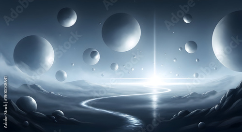 Wallpaper Mural Concept art of a surreal universe with floating orbs, glowing mist, reflective winding trail leading to light, calm fantasy ambiance, smooth gradients, high-quality digital illustration Torontodigital.ca