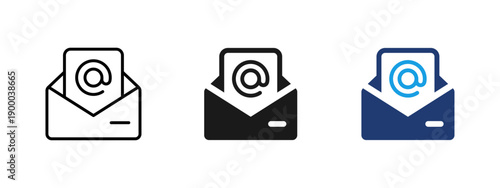 Email message icon with envelope and at symbol. Clean symbol of digital communication, inbox, online contact, newsletter delivery, business messaging and internet correspondence for web and apps.