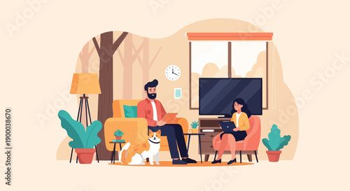 Couple relaxing indoors with a dog, enjoying technology and home comforts
