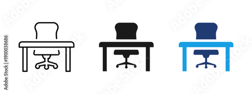 Office workplace icon with desk and chair. Clean symbol of workspace and office environment for business, corporate design, employment concepts, professional interior, management interfaces.
