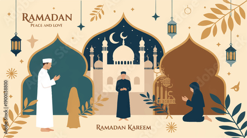 Ramadan Kareem A Peaceful Celebration with Prayer, Mosques, and Festive Decorations