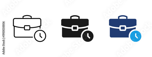 Work and employment icon showing briefcase with clock. Concept of job, working time, employment, career schedule and workplace deadlines for professional and business use.