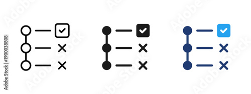 Task checklist icon with check and cross marks showing completed and pending tasks. Suitable for to do lists, workflow control, task management, planning, productivity systems and business processes.