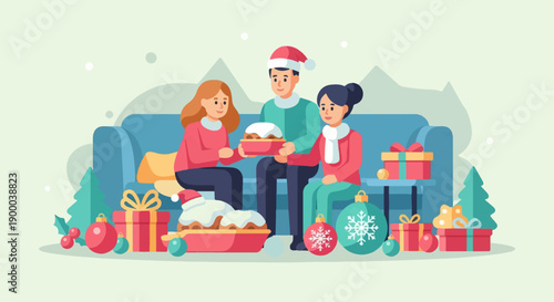 Family celebrates holidays on sofa with Christmas cake and gifts