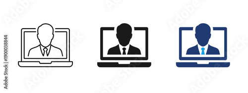 Remote work icon with person on laptop screen. Online meeting, video call, virtual communication, business conference, remote office, telework, freelance job and digital workplace concept.