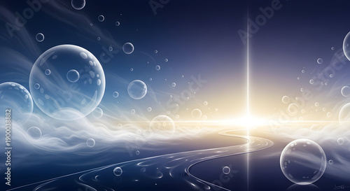 Wallpaper Mural Concept art of a surreal universe with floating orbs, glowing mist, reflective winding trail leading to light, calm fantasy ambiance, smooth gradients, high-quality digital illustration Torontodigital.ca