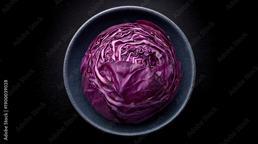 Fototapeta premium Red cabbage photographed for recipe cover image, centered bowl, copy space preserved