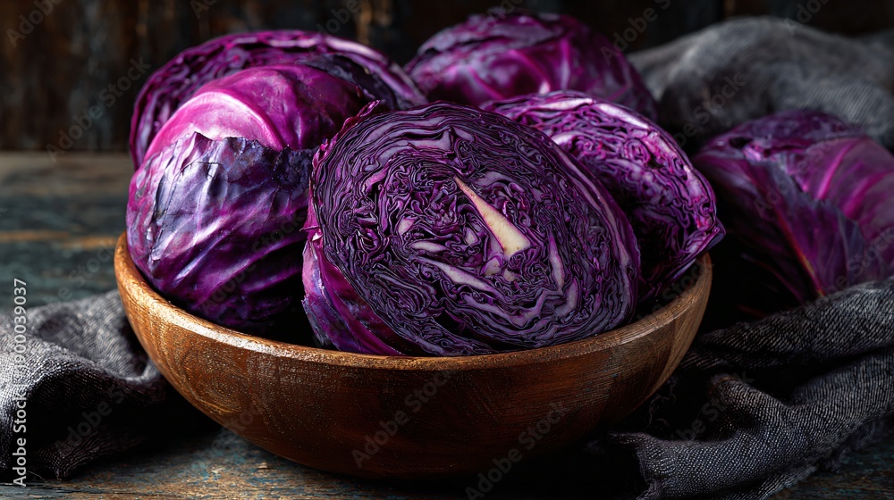 Fototapeta premium Red cabbage photographed for recipe cover image, centered bowl, copy space preserved