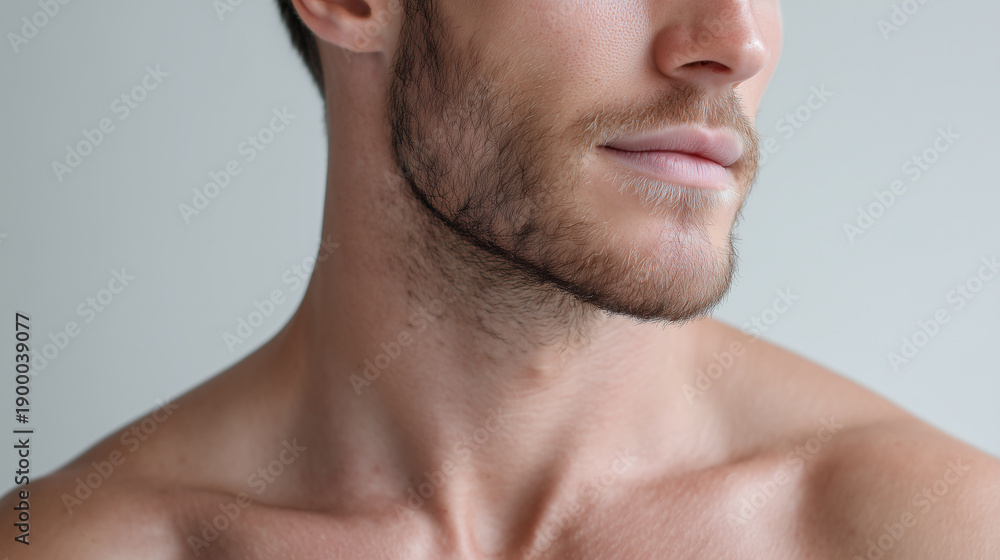 Naklejka premium Young man portrait showing subtle acne texture on jawline and clean skin with soft shadow and neutral background