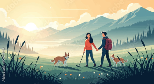Couple holding hands walk dogs through a misty mountain meadow at sunrise
