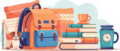 Cozy scene with a dog, backpack, books, mug, and clock