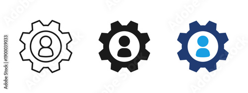 User profile settings icon with person inside gear. Concept of account configuration, user management and system preferences. Ideal for HR platforms, SaaS interfaces, profile and account settings UI.