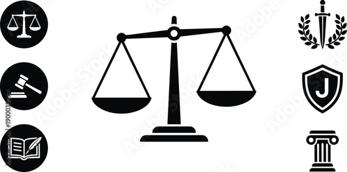 Justice and law icons set with scales, gavel and legal symbols isolated on white background illustration