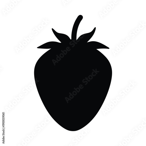 Minimalist black silhouette of a ripe strawberry fruit on white background