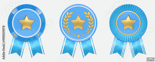 Set of 3D quality guarantees blue medals with gold star and ribbon. Blue badge warranty icon. Realistic graphics Certificate Badge, award badge, winner trophy prize, blue medal trophy.