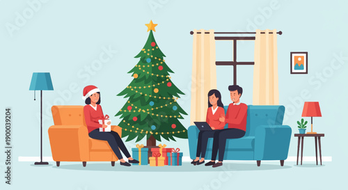 Family enjoying Christmas in a decorated living room with gifts and tree